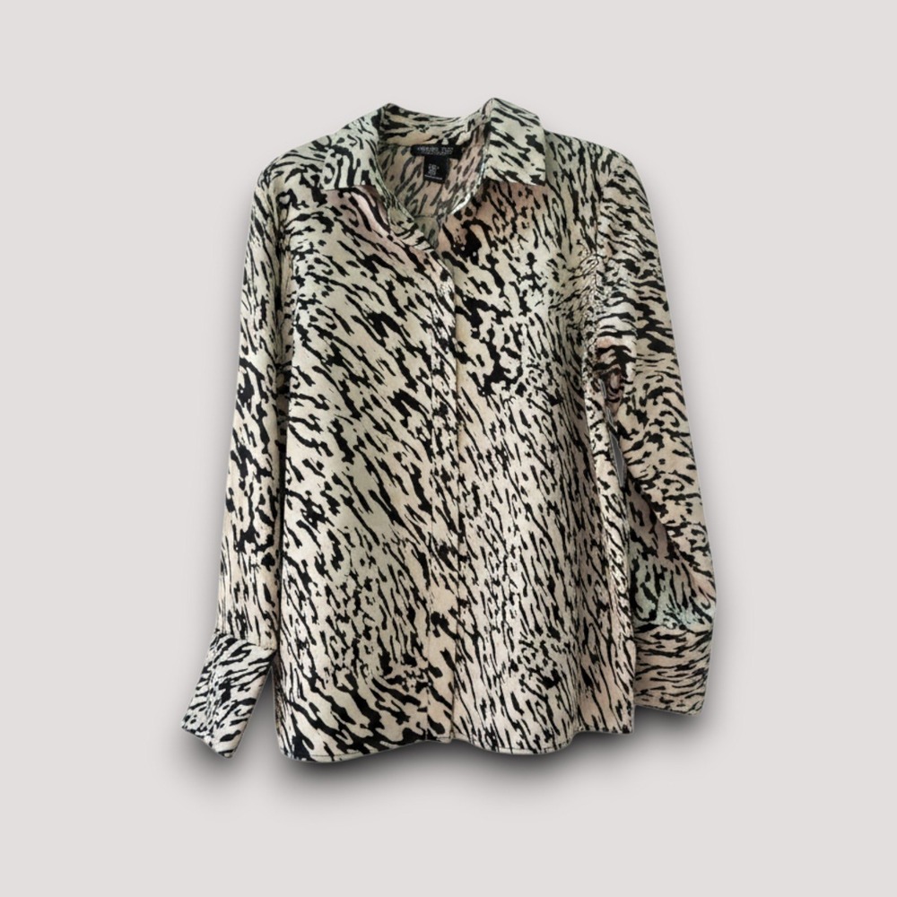 Rachel Zoe Blouse Women M Cream Black Abstract Animal Print Office Chic Relaxed